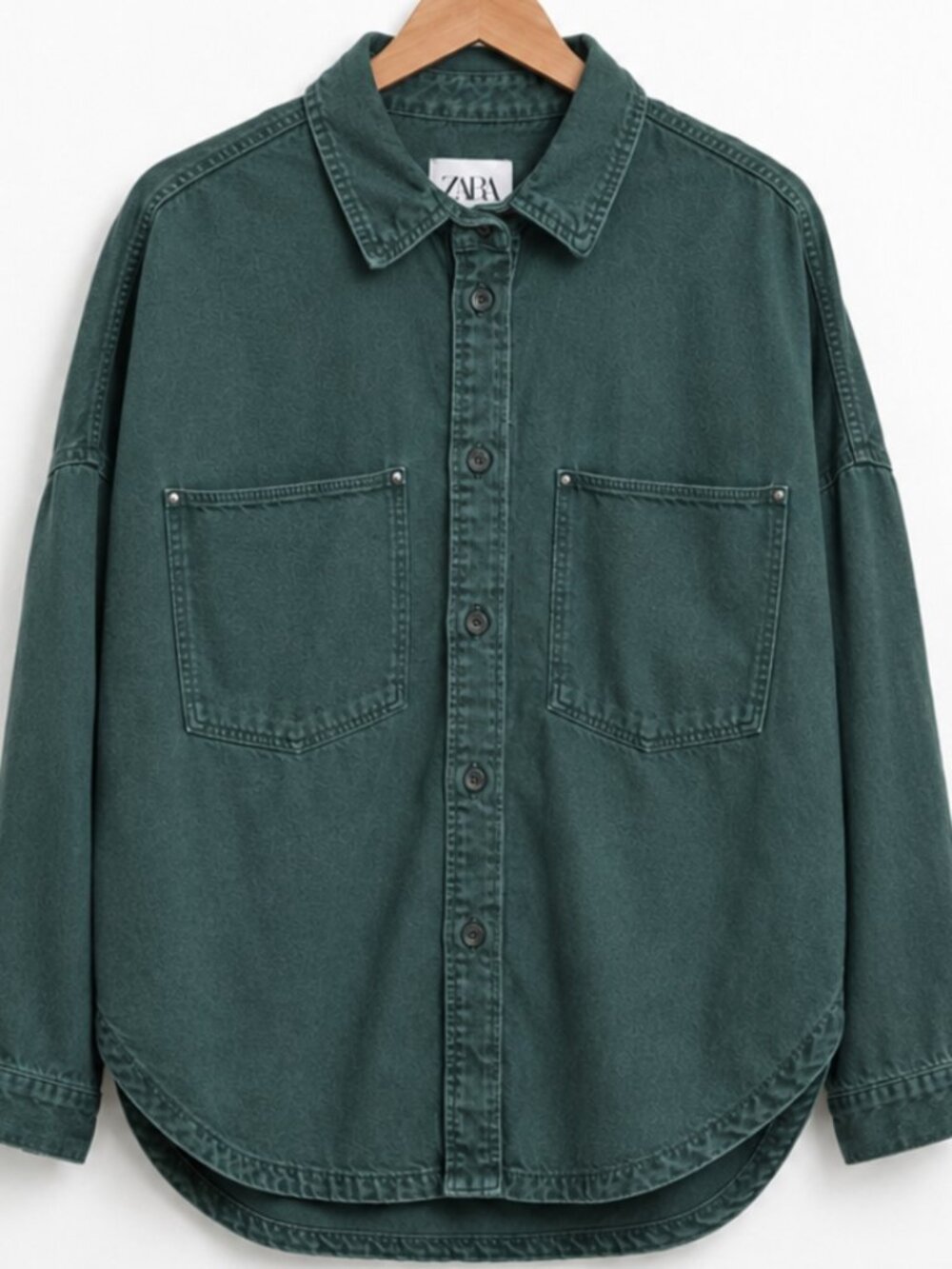 Zara Womens XS Shirt Jacket Green Overshirt Long Sleeve Cotton - Picture 2 of 8